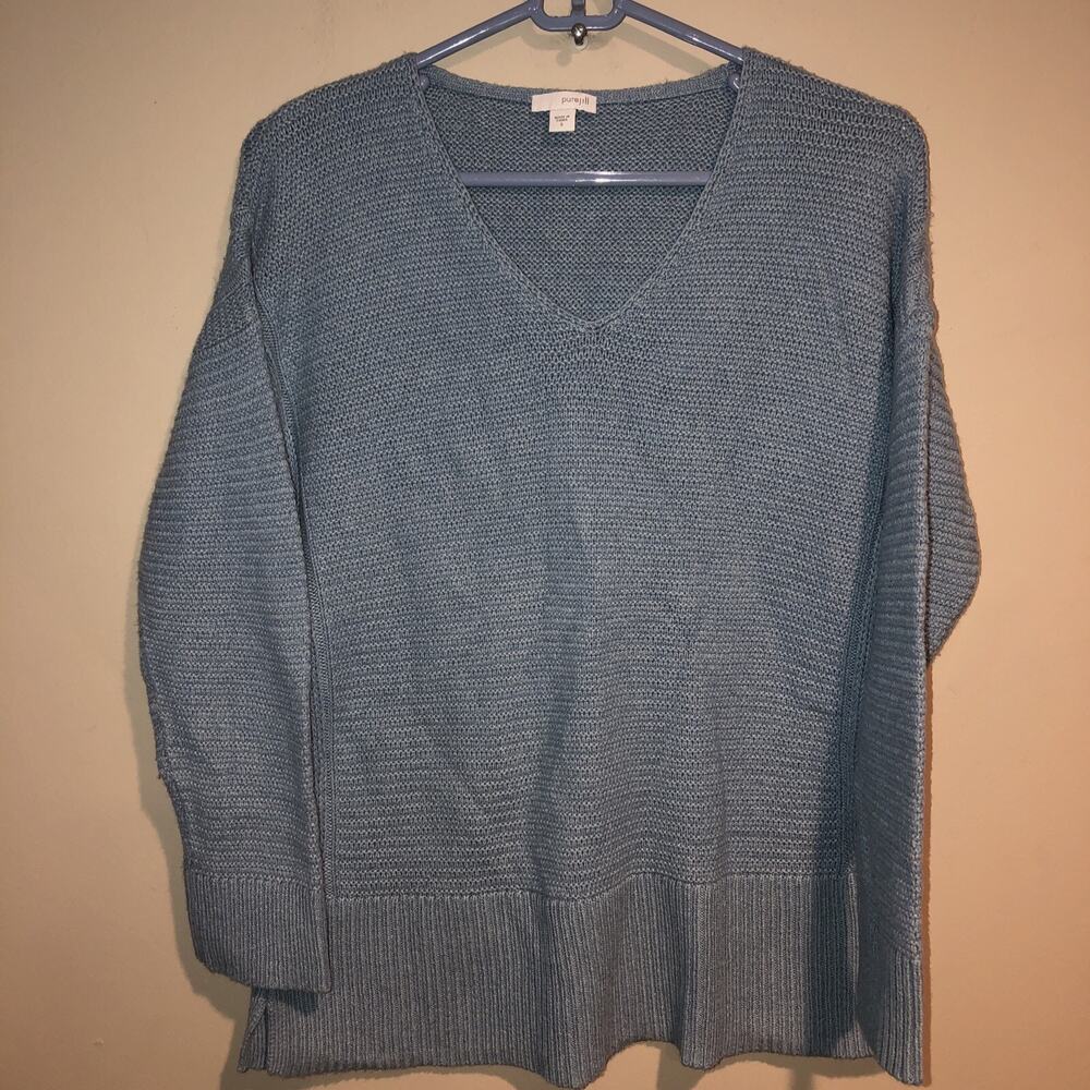 J Jill Pure Women's Light Blue V-Neck Cashmere Blend LS Knit Sweater Sz S EUC